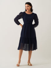 Navy Blue Chiffon Brasso Swiss Dot Round Neck Dress